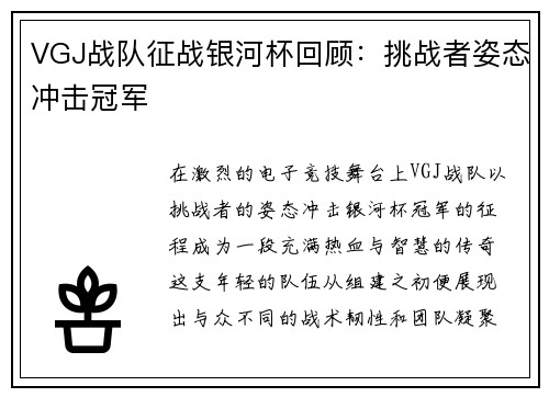 VGJ战队征战银河杯回顾：挑战者姿态冲击冠军
